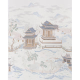 Coromandel Panel Set in Alabaster by Schumacher, designed by Miles Redd, featuring oversized scenic pagodas and magical gardens.