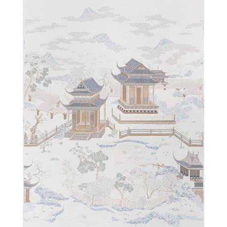 Coromandel Panel Set in Alabaster by Schumacher, designed by Miles Redd, featuring oversized scenic pagodas and magical gardens.