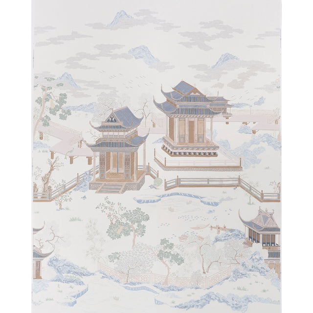 Coromandel Panel Set in Alabaster by Schumacher, designed by Miles Redd, featuring oversized scenic pagodas and magical gardens.