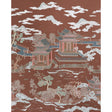 Coromandel Panel Set wallpaper by Schumacher in Cinnabar, featuring lakeside pagodas, magical gardens, and painterly detail by Miles Redd.