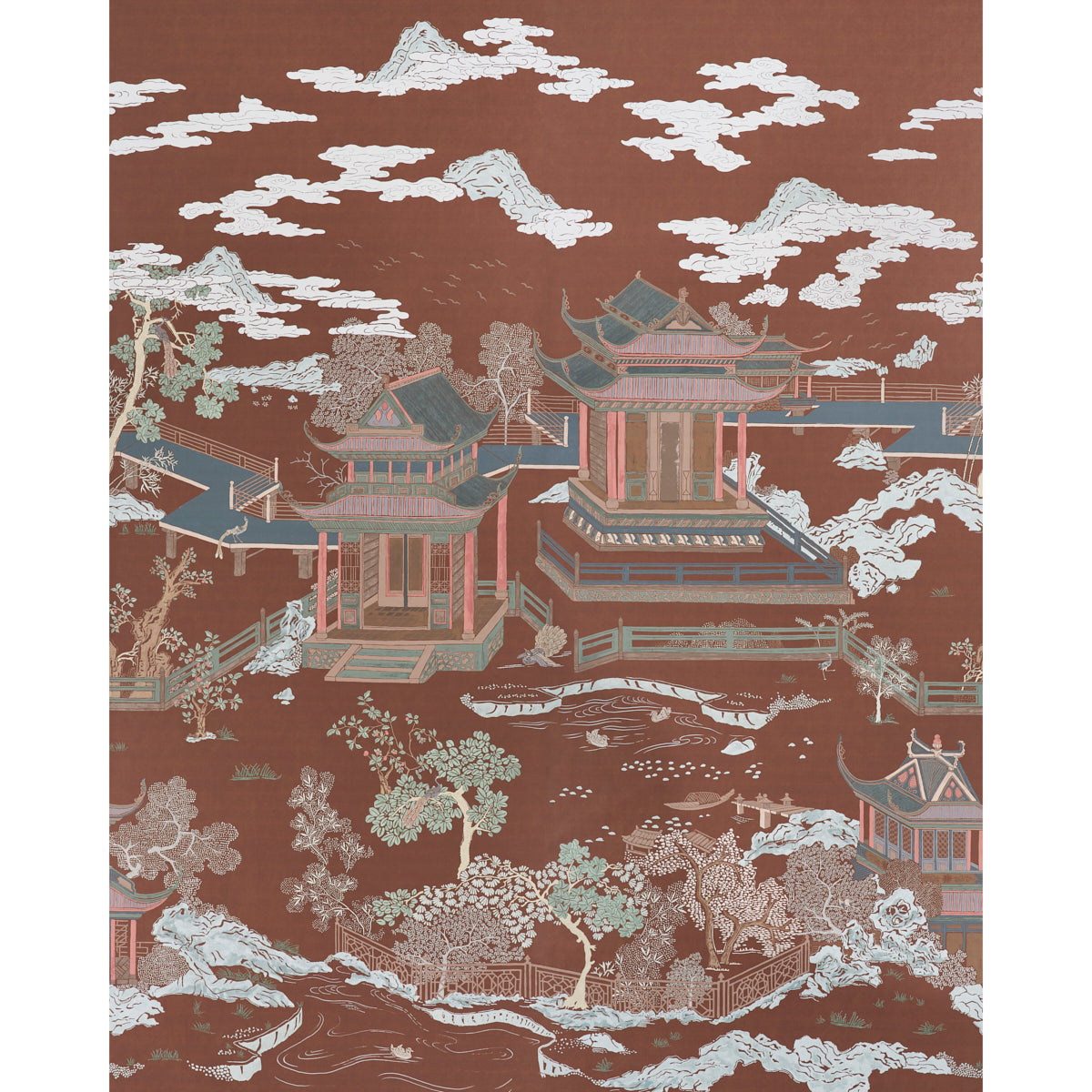 Coromandel Panel Set wallpaper by Schumacher in Cinnabar, featuring lakeside pagodas, magical gardens, and painterly detail by Miles Redd.