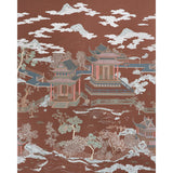 Coromandel Panel Set wallpaper by Schumacher in Cinnabar, featuring lakeside pagodas, magical gardens, and painterly detail by Miles Redd.