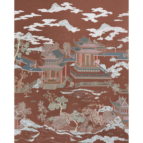 Coromandel Panel Set wallpaper by Schumacher in Cinnabar, featuring lakeside pagodas, magical gardens, and painterly detail by Miles Redd.