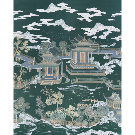 Coromandel Panel Set in Midnight Green by Schumacher, a scenic oversized wallpaper panel featuring lakeside pagodas, magical gardens, and painterly detail designed by Miles Redd.