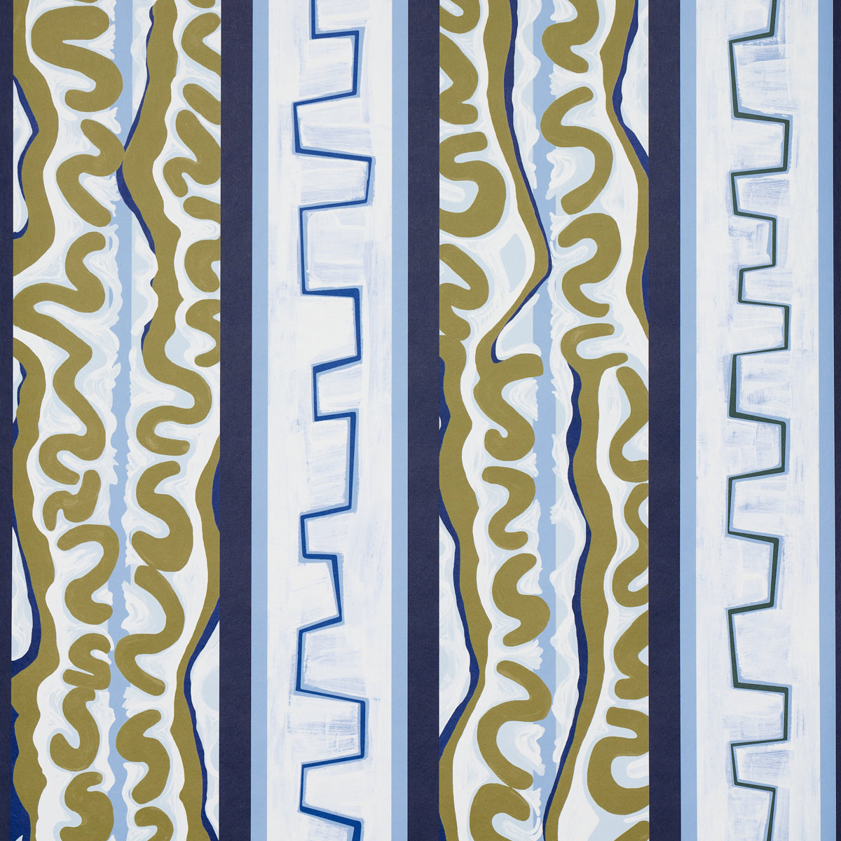 Night at the Opera wallpaper in deep blue and olive by Schumacher, featuring a bold, hand-painted stripe pattern.