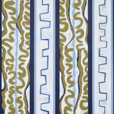 Night at the Opera wallpaper in deep blue and olive by Schumacher, featuring a bold, hand-painted stripe pattern.