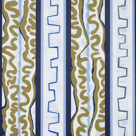 Night at the Opera wallpaper in deep blue and olive by Schumacher, featuring a bold, hand-painted stripe pattern.