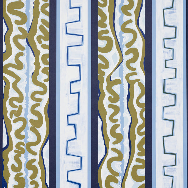 Night at the Opera wallpaper in deep blue and olive by Schumacher, featuring a bold, hand-painted stripe pattern.