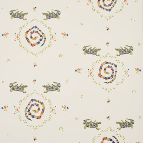 Reptilia wallpaper by Schumacher featuring playful embroidered alligators, snakes, and swamp plants in bright multi colors on a cream background.
