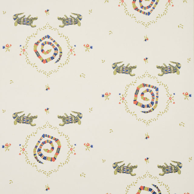 Reptilia wallpaper by Schumacher featuring playful embroidered alligators, snakes, and swamp plants in bright multi colors on a cream background.