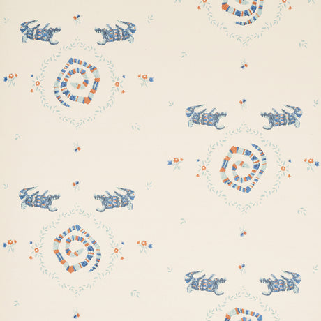 Reptilia wallpaper in warm blue by Schumacher, featuring playful embroidered alligators, snakes, and stylized swamp plants on a cream background.