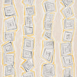 Taboo wallpaper in warm beige by Schumacher, featuring abstract hand-drawn spiral stripes in black and yellow on a beige background, shown in a modern living room setting.