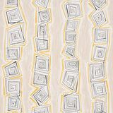 Taboo wallpaper in warm beige by Schumacher, featuring abstract hand-drawn spiral stripes in black and yellow on a beige background, shown in a modern living room setting.