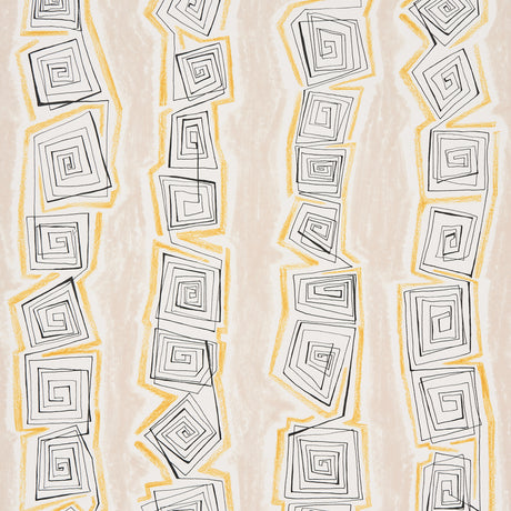 Taboo wallpaper in warm beige by Schumacher, featuring abstract hand-drawn spiral stripes in black and yellow on a beige background, shown in a modern living room setting.