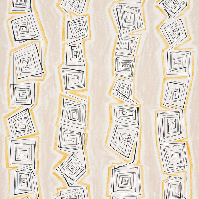 Taboo wallpaper in warm beige by Schumacher, featuring abstract hand-drawn spiral stripes in black and yellow on a beige background, shown in a modern living room setting.