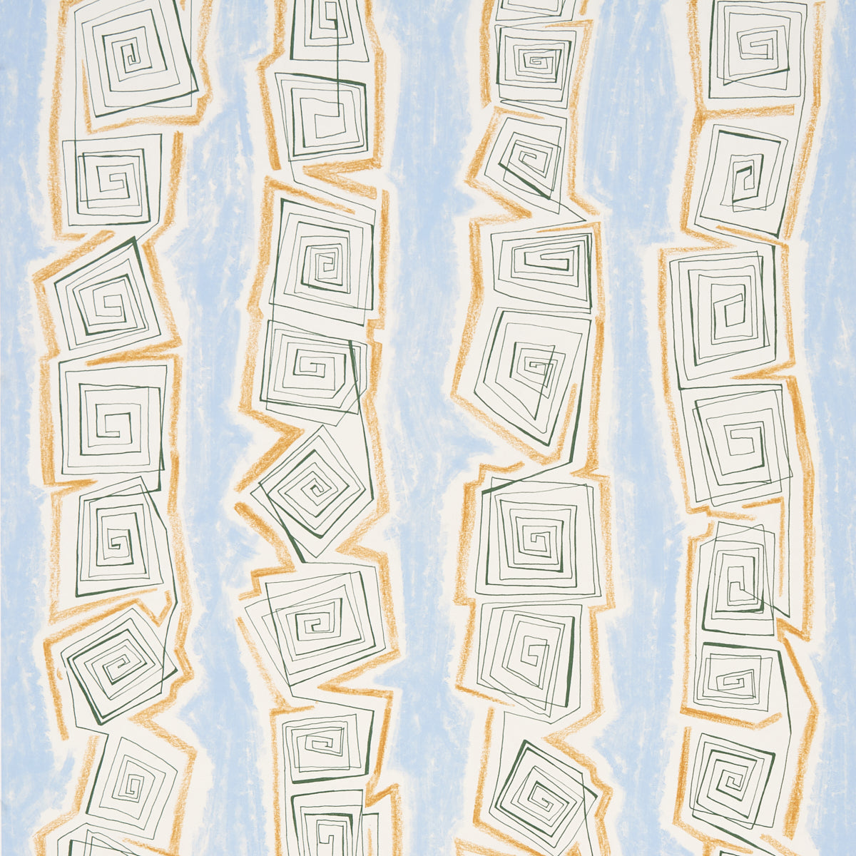 Taboo Sky by Backdrop for Schumacher - abstract hand-drawn vertical stripe wallpaper in blue, gold, and white, shown in a modern interior setting.