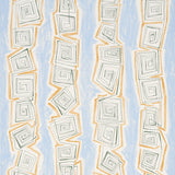Taboo Sky by Backdrop for Schumacher - abstract hand-drawn vertical stripe wallpaper in blue, gold, and white, shown in a modern interior setting.