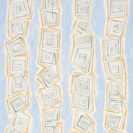Taboo Sky by Backdrop for Schumacher - abstract hand-drawn vertical stripe wallpaper in blue, gold, and white, shown in a modern interior setting.