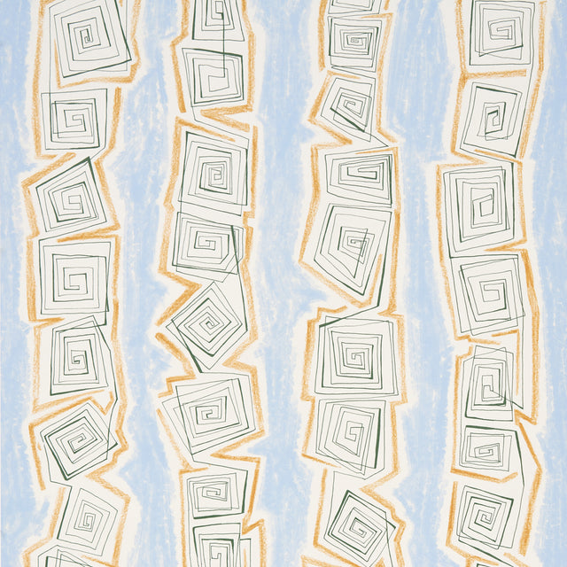 Taboo Sky by Backdrop for Schumacher - abstract hand-drawn vertical stripe wallpaper in blue, gold, and white, shown in a modern interior setting.