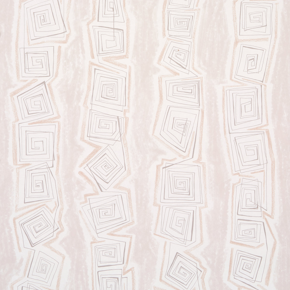 Taboo Fog by Backdrop for Schumacher - abstract hand-drawn vertical stripe wallpaper in soft neutral tones, shown in a styled bedroom setting.