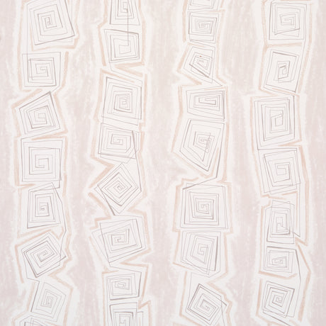 Taboo Fog by Backdrop for Schumacher - abstract hand-drawn vertical stripe wallpaper in soft neutral tones, shown in a styled bedroom setting.