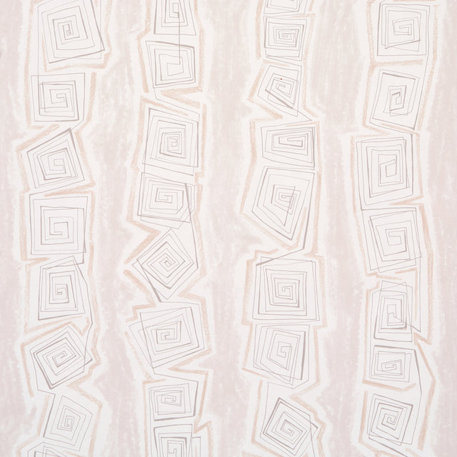 Taboo Fog by Backdrop for Schumacher - abstract hand-drawn vertical stripe wallpaper in soft neutral tones, shown in a styled bedroom setting.