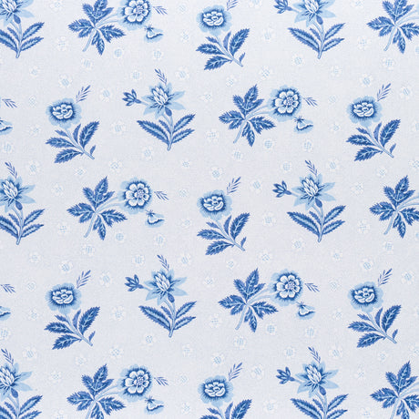 Colline Porcelain by Schumacher - Small-scale blue floral wallpaper with stippled background, shown in room and detail views.
