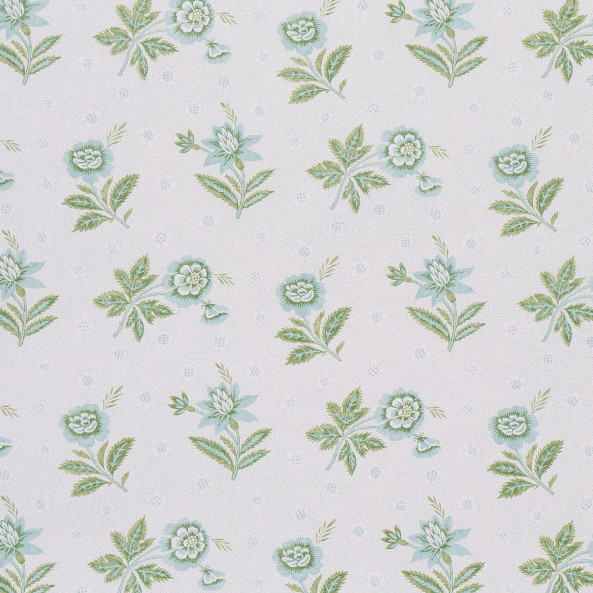 Colline wallpaper in Leaf & Aqua by Schumacher, small-scale floral design with green and aqua flowers on a stippled background
