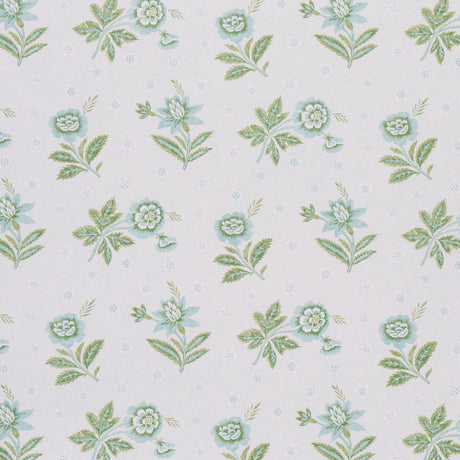 Colline wallpaper in Leaf & Aqua by Schumacher, small-scale floral design with green and aqua flowers on a stippled background