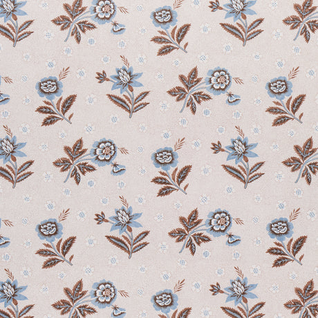 Colline Delft & Sepia small-scale floral wallpaper by Schumacher, inspired by historic French document print, shown in room and detail views.