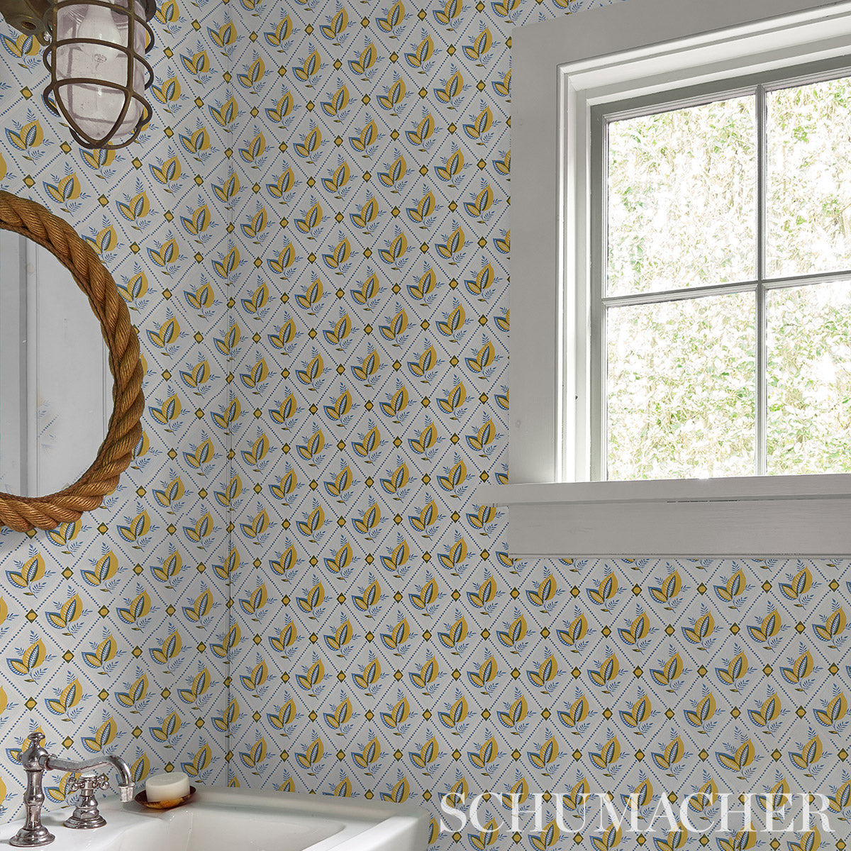 Basile Trellis Yellow & Blue Wallpaper by Schumacher – 5014230
