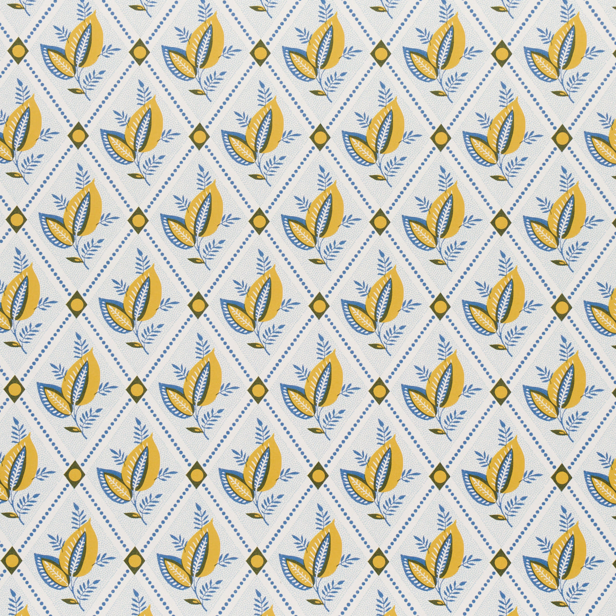 Basile Trellis wallpaper in yellow and blue, a leafy lattice geometric print by Schumacher, shown in a styled bathroom interior.