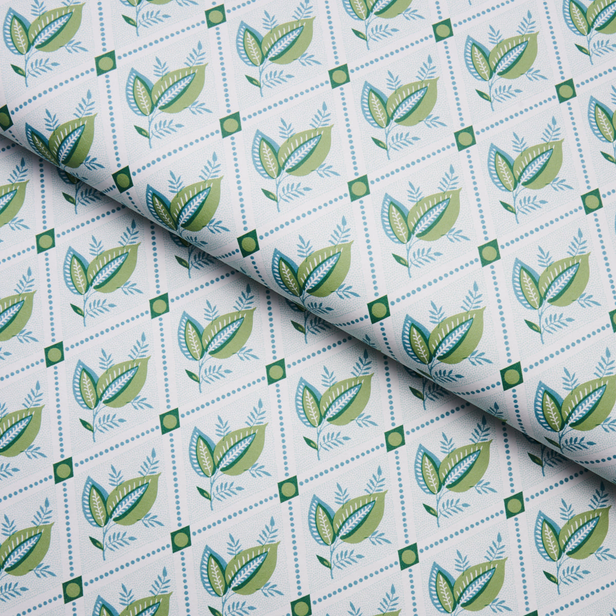 Basile Trellis Leaf & Aqua by Schumacher Leafy Lattice Geometric Wallpaper – Schumacher 5014231