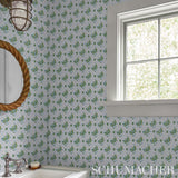 Basile Trellis Leaf & Aqua by Schumacher Leafy Lattice Geometric Wallpaper – Schumacher 5014231