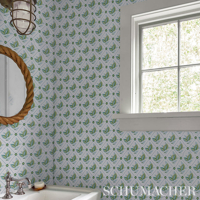 Basile Trellis Leaf & Aqua by Schumacher Leafy Lattice Geometric Wallpaper – Schumacher 5014231