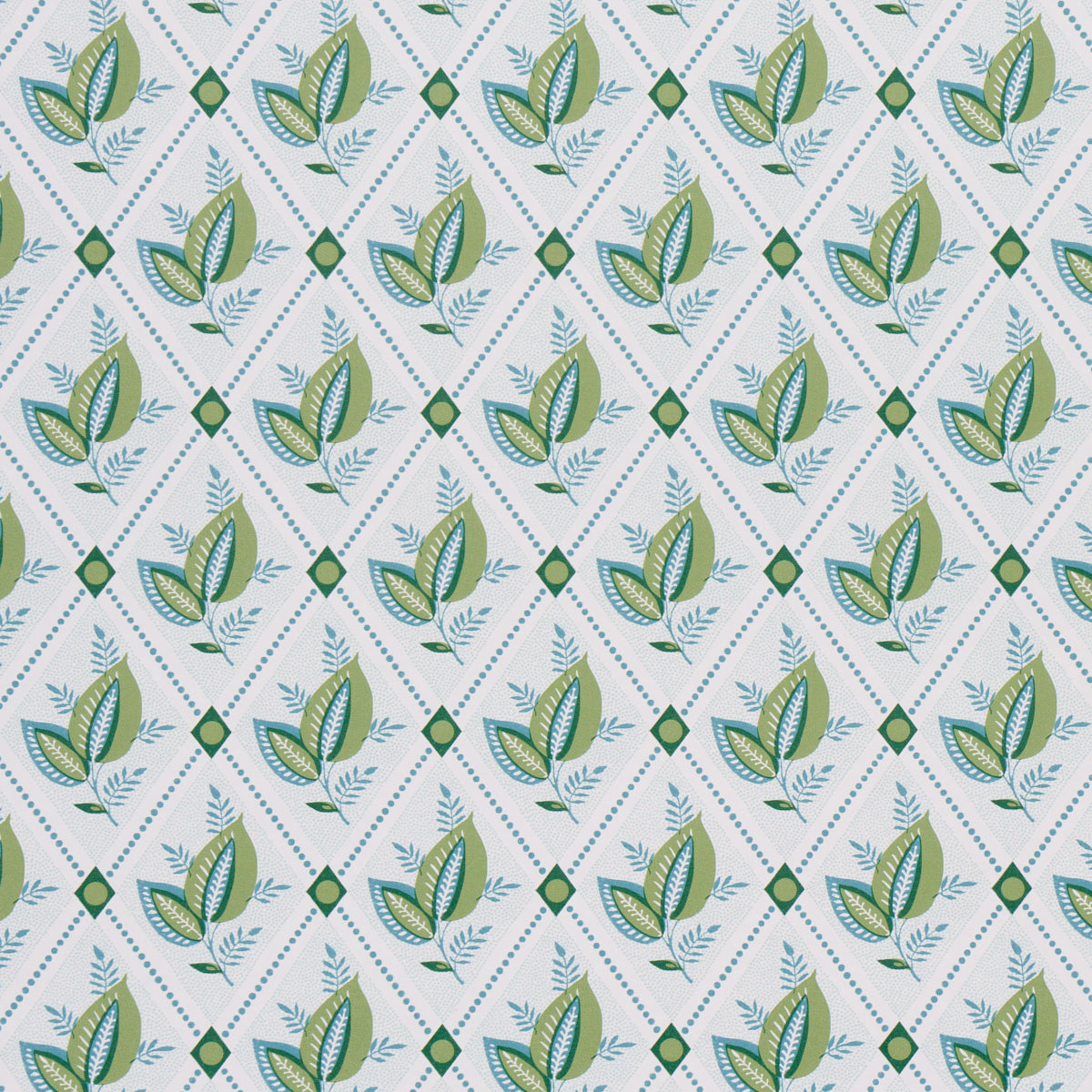 Basile Trellis wallpaper in Leaf & Aqua by Schumacher features a leafy lattice geometric design in green and aqua tones.