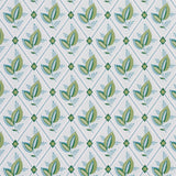 Basile Trellis wallpaper in Leaf & Aqua by Schumacher features a leafy lattice geometric design in green and aqua tones.
