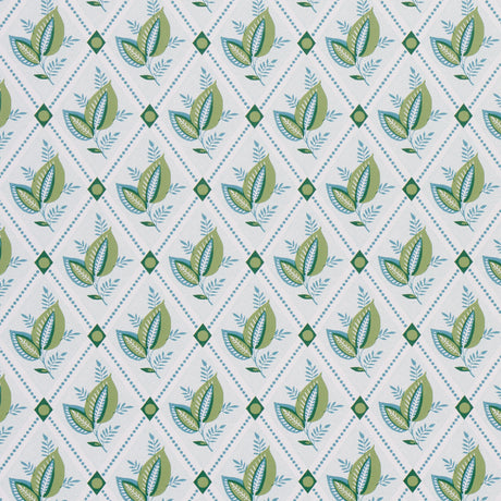 Basile Trellis wallpaper in Leaf & Aqua by Schumacher features a leafy lattice geometric design in green and aqua tones.