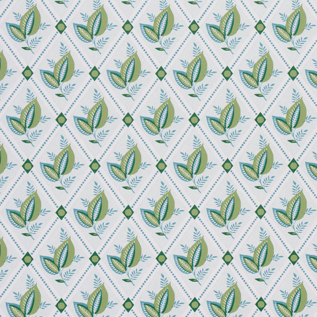 Basile Trellis wallpaper in Leaf & Aqua by Schumacher features a leafy lattice geometric design in green and aqua tones.