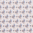 Basile Trellis wallpaper in Delft & Sepia by Schumacher, a leafy lattice geometric print in blue and brown tones, shown in detail and installed in a bathroom.