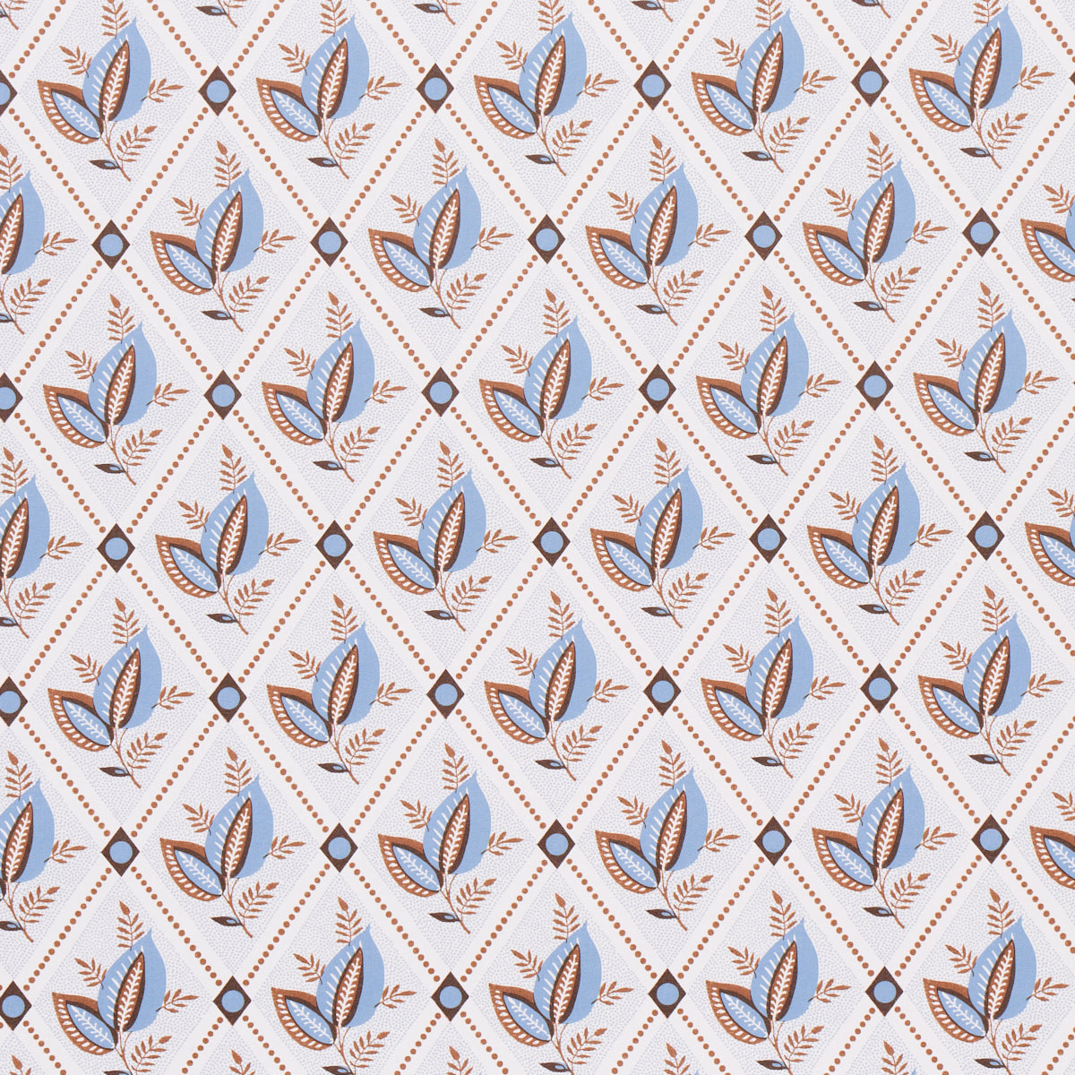 Basile Trellis wallpaper in Delft & Sepia by Schumacher, a leafy lattice geometric print in blue and brown tones, shown in detail and installed in a bathroom.