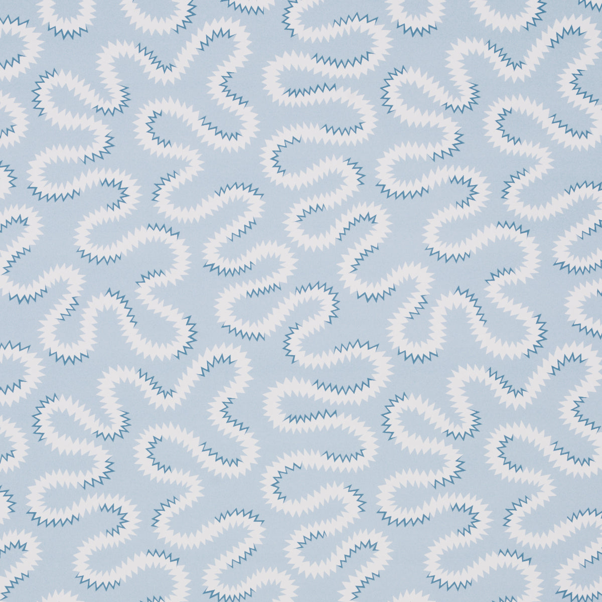 Zoelie wallpaper in Sky by Schumacher features a playful, modern vermicelli motif in light blue and white.