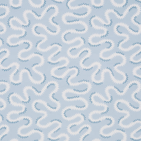 Zoelie wallpaper in Sky by Schumacher features a playful, modern vermicelli motif in light blue and white.