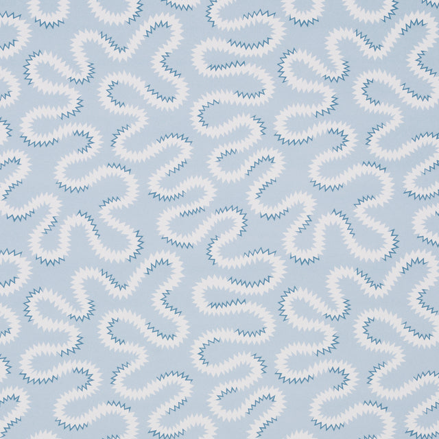 Zoelie wallpaper in Sky by Schumacher features a playful, modern vermicelli motif in light blue and white.