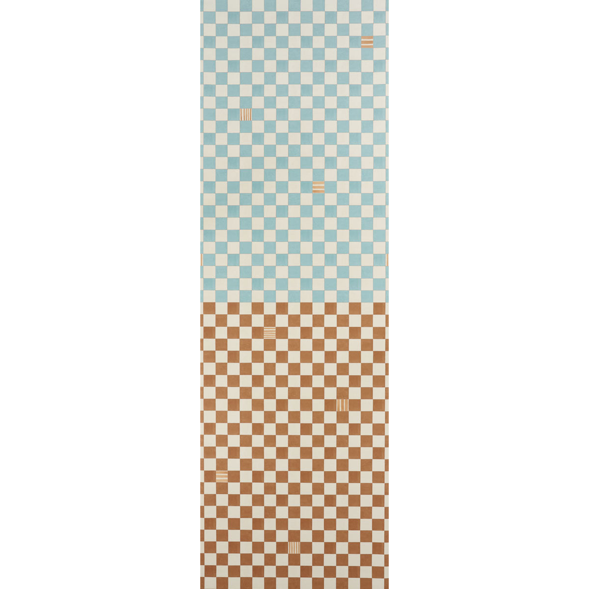 Gambit Panel wallpaper in teal and earthy brown, featuring a painterly checkered pattern by Backdrop for Schumacher.