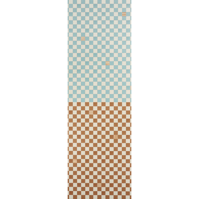 Gambit Panel wallpaper in teal and earthy brown, featuring a painterly checkered pattern by Backdrop for Schumacher.
