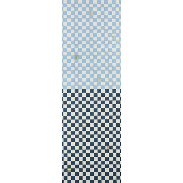 Gambit Panel wallpaper in Sky & Deep Navy by Schumacher, featuring a painterly checkered pattern in blue and navy tones.