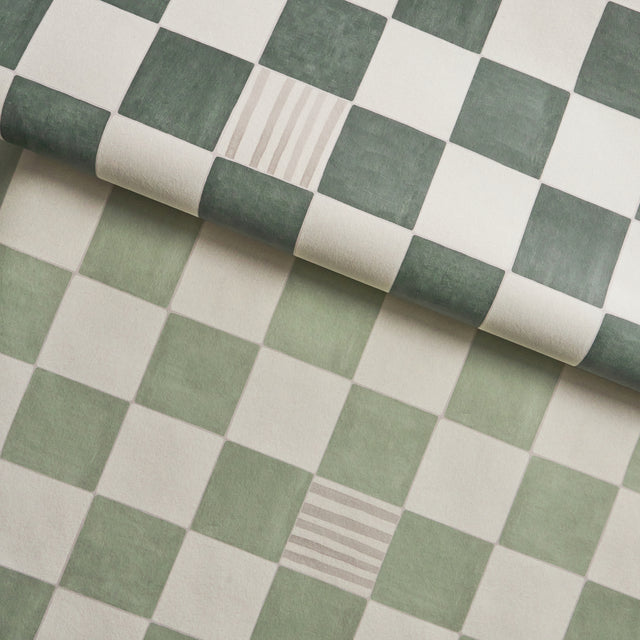 Gambit Panel Sage & Deep Green by Schumacher Painterly Checkered Wallpaper Panel – Schumacher 5014262