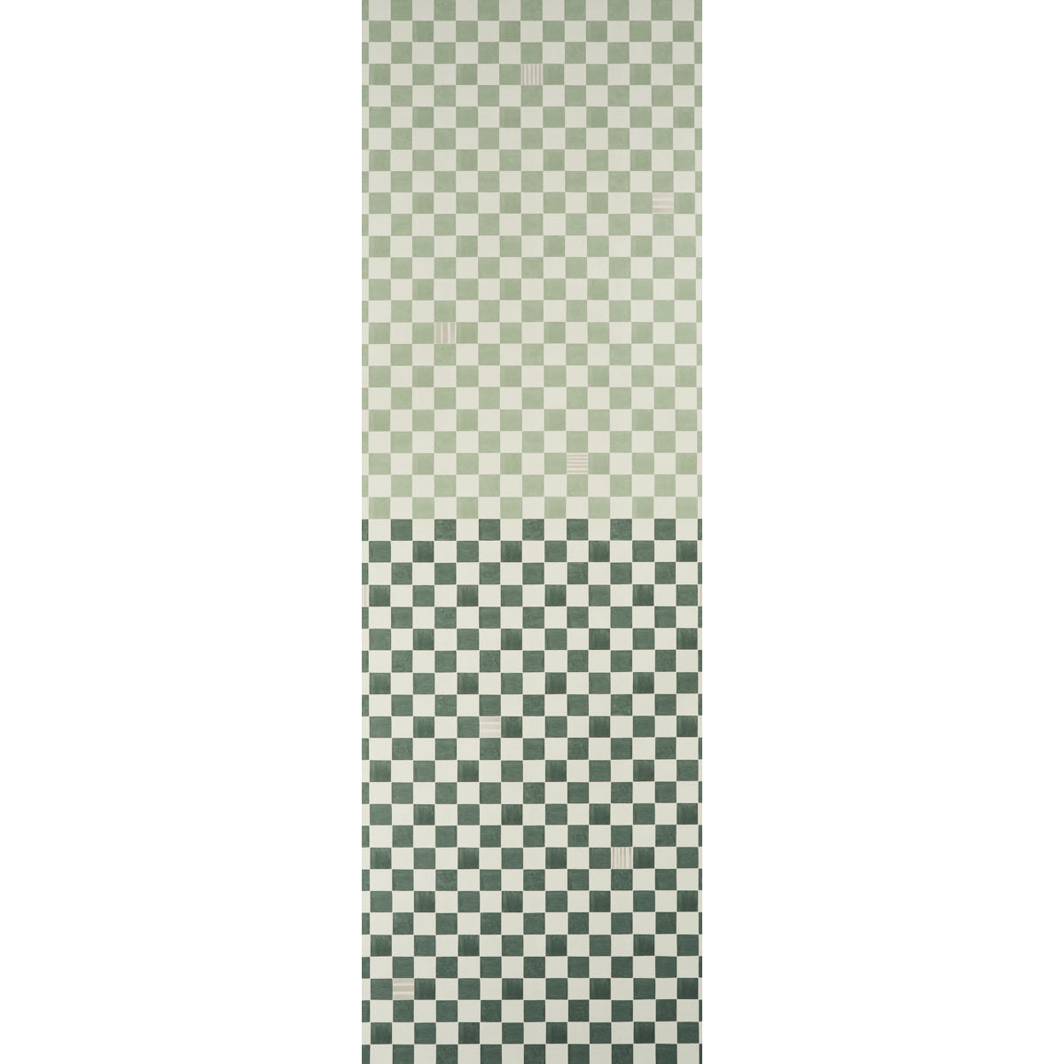 Gambit Panel wallpaper in sage and deep green by Schumacher, featuring a painterly checkered pattern in a wide-width panel.