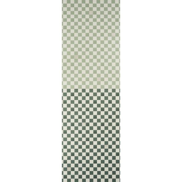 Gambit Panel wallpaper in sage and deep green by Schumacher, featuring a painterly checkered pattern in a wide-width panel.